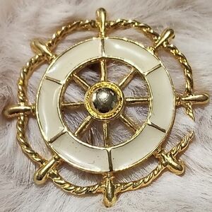 Gold and White Nautical Ships Wheel Brooch